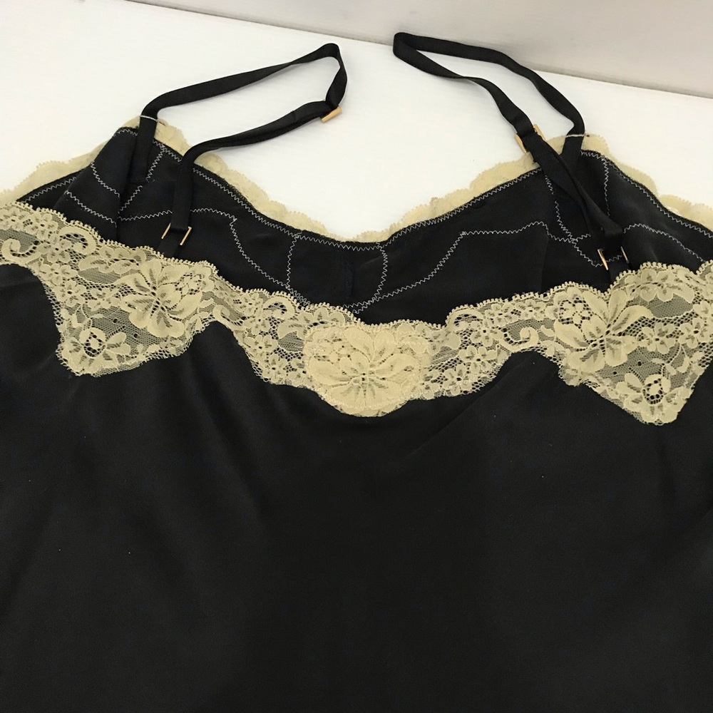 Silk Express Design Studio black satin spaghetti strap tank top beige lace L - Picture 4 of 7